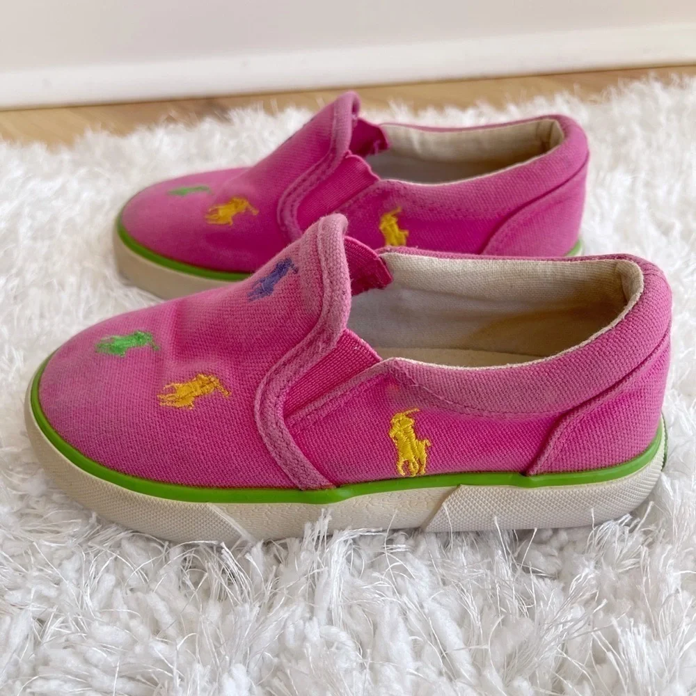 Ralph Lauren girls slip-on pink multicolor logo shoes size 9